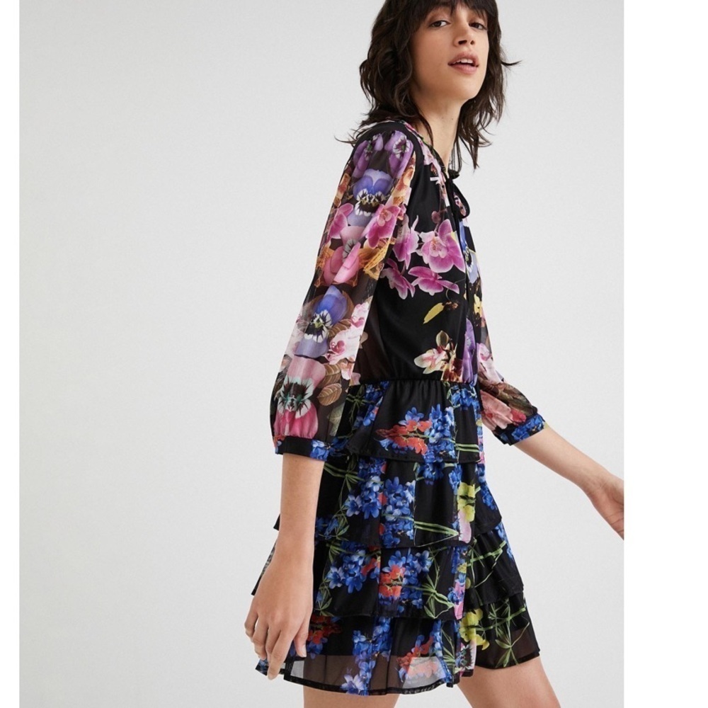 Desigual Lacroix Floral Knee Length Dress XS Multicolor Long Sleeve Ruffle - Picture 2 of 11